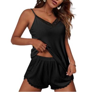 Imagem de Conjunto de pijama Ekouaer, lingerie macia, roupa de dormir preta