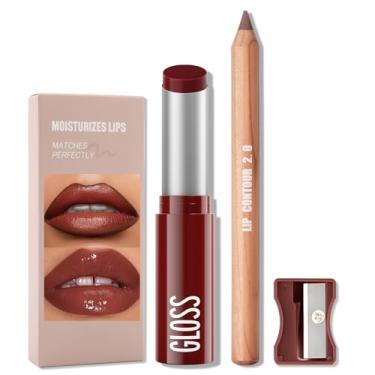 Imagem de Erinde Conjunto de 2 peças de delineador labial e batom, lápis lipliner fosco e kit de maquiagem hidratante para mulheres, impermeável, de longa duração, altamente pigmentado, batom natural marrom