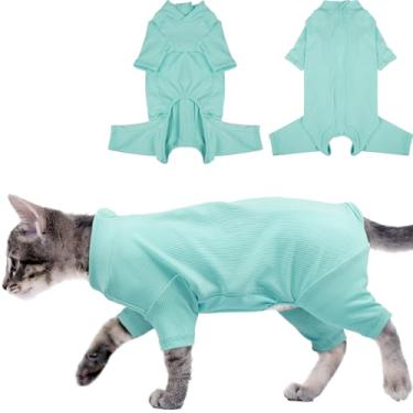 Imagem de Yternal Roupas para gatos macias e elásticas – roupas de gatinho confortáveis, camisa de gato elástica, roupa para animais de estimação com zíper fácil com capa, azul, P