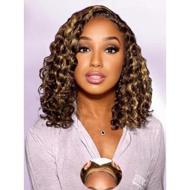 Imagem de Peruca de cabelo humano loiro ombré de 30,5 cm, cabelo humano 4/27 Wear and Go Honey Loiro encaracolado, perucas sem cola, para mulheres negras, parte lateral molhada e ondulada, ondulada, laço