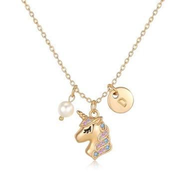 Imagem de chorfla Colar de unicórnio, presente para meninas. Pingente banhado a ouro 14 K, colar de pérolas com inicial A-Z, presentes de aniversário para meninas e crianças, Banhado a ouro, Sem Pedra Preciosa