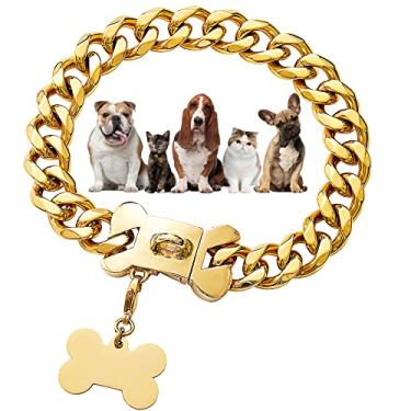 Imagem de W/W Lifetime Coleira de cachorro com corrente de ouro 19 mm 18 K de ouro cubano com fivela de pressão segura, coleira de metal para Pitbull pequeno e médio (19 mm, 55,88 cm)