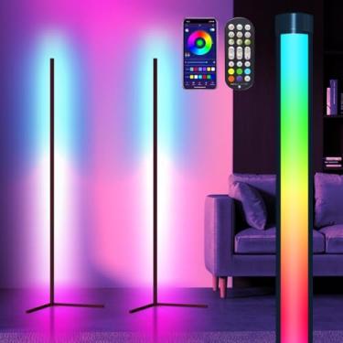 Imagem de Candeeiro de canto, pacote com 2 lâmpadas de canto LED com controle de aplicativo/controle remoto/botão, luminária de chão RGB inteligente com 16 milhões de cores DIY e mais de 68 cenas, mais de 300