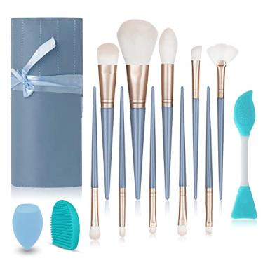 Imagem de 13 pincéis de maquiagem – Pincéis de maquiagem sintéticos profissionais em pó líquido creme facial kit de pincéis cosméticos azuis com bolsa