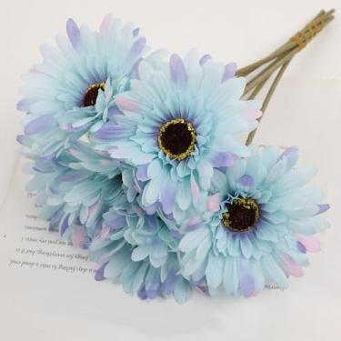Imagem de Buquê de 6 flores artificiais de gérbera de seda, decoração de mesa para casamento, varandas, margaridas falsas, crisântemos, decoração para festa e casa (um buquê com 6 peças/azul)