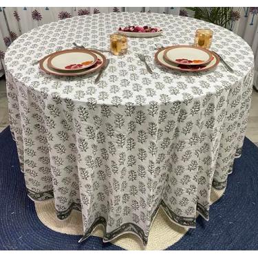 Imagem de Ridhi Toalha de mesa redonda – Toalha de mesa 100% algodão reutilizável Evergreen 224 cm decorativa para jantar, casa, festa, casamento, casa de fazenda, outono, Ação de Graças