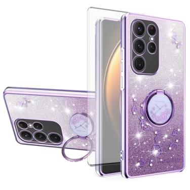 Imagem de Asuwish Capa de celular para Samsung Galaxy S23 Ultra 5G com protetor de tela de vidro temperado anel suporte Bling Glitter Clear Hybrid TPU capa protetora S23Ultra 23S S 23 23Ultra 17.3 cm roxo