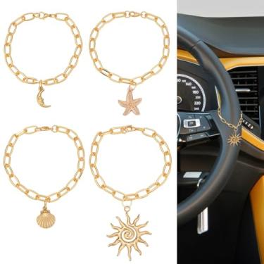Imagem de WEBEEDY 4 Estilos Pingente de Volante Dourado Pingente de Suspensão Automática com Estrela do Mar Sol Lua Berloque Boho Ajustável Acessórios de Suspensão para Volante para Homens Mulheres Decoração de