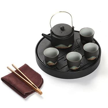Imagem de Conjunto de chá, conjunto de chá chinês gongfu conjunto de bule de chá conjunto de chá japonês conjunto de chá ou café japonês, estilo kungfu de cerâmica vintage, 1 bule de chá com alça, 4 xícaras e 1
