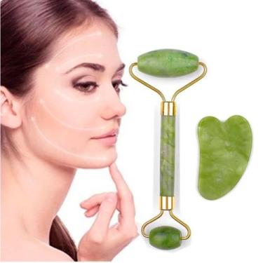 Imagem de Massagem facial Jade Roller com pedra Gua Sha - Lightbek Official Stor
