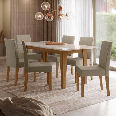 Imagem de Conjunto Sala de Jantar Mesa Retangular Liz com Vidro 160cm 6 Cadeiras Josi Carvalho/Bege/Off White