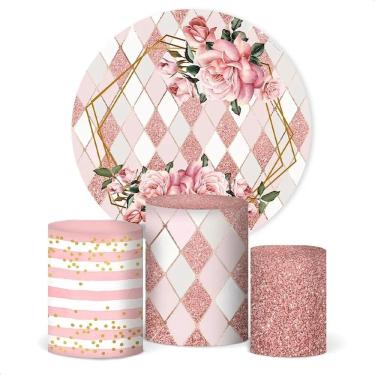 Imagem de Painel De Festa E Capa Cilindro Decora Flores Geométrico Ros