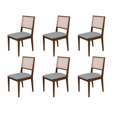 Imagem de Conjunto Com 6 Cadeiras De Jantar Estofada Suellen Em Madeira E Mdf Mel Linho Cinza