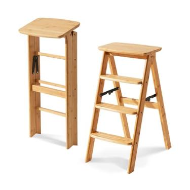 Imagem de Baveke Escada de degrau dobrável de 4 níveis - Banqueta antiderrapante dobrável, multi escada de bambu 3 em 1 leve, portátil, banco de madeira para economizar espaço para cozinha, escritório (natural)