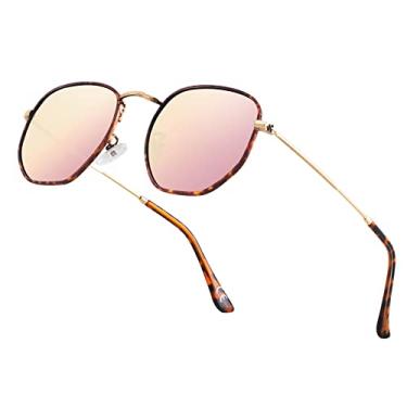 Imagem de Óculos de sol polarizados para mulheres, óculos de sol hexagonais modernos com proteção UV para dirigir em festas de golfe, Espelhado rosa leopardo