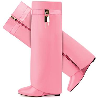 Imagem de CDHYX Botas femininas dobráveis com salto anabela, salto anabela, com zíper lateral, design de cadeado, rosa, 8.5