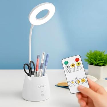 Imagem de Lifnatty Lâmpada de mesa, luz de mesa LED, luminária de mesa pequena regulável para escritório em casa, sem fio, controle remoto, 3 modos, pescoço de ganso, luz de estudo recarregável para dormitório