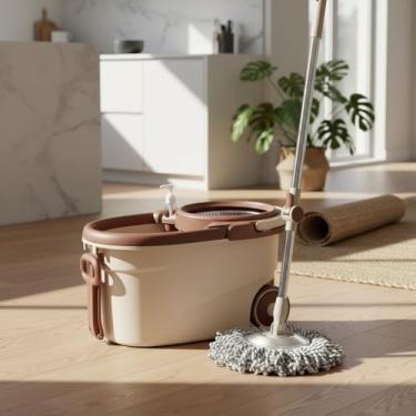 Imagem de Mop Plus Giratório Premium com Balde e Rodas, Cabo Inox Regulável 1.1m, Sistema Centrifugador 360°, Marrom e Bege, 5 Peças, Microfibra