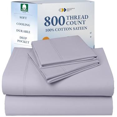 Imagem de California Design Den Lençóis Queen de luxo 800 fios, cetim 100% algodão para cama queen size, roupa de cama de 4 peças com bolsos profundos, refrescantes e mais macios do que lençóis de algodão