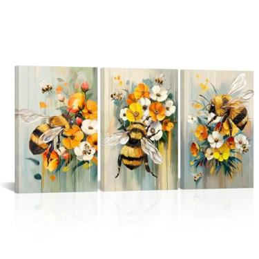 Imagem de VANSEEING Arte de parede de flores decoração de parede de abelha impressões em tela amarelo branco floral e abelhas pintura a óleo imagens botânicas arte moderna quarto sala de estar cozinha decoração