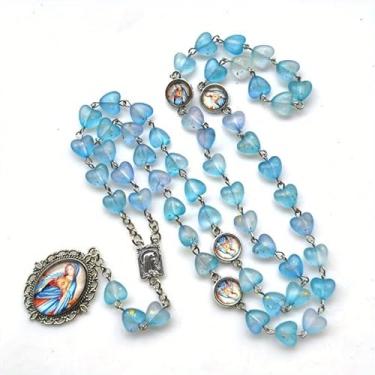 Imagem de Colar de rosário vintage vazado com contas de coração rosa com pingente de vidro, joia de oração cristã, colar de cruz para pendurar na parede, Medium, Vidro Metal, Vidro