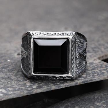 Imagem de Anel maçônico de aço inoxidável com pedra preciosa preta – símbolo da maçonaria com quadrado, bússolas e design "G", Zircônia cúbica, Sem pedra preciosa