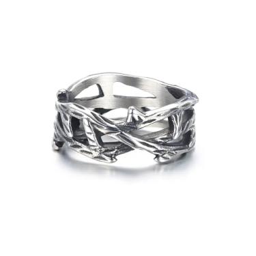 Imagem de Jesus Coroa de Espinhos Anéis Cristãos Vintage para Homens Mulheres Ramo de Videira Anel de Arame Farpado Prata Anel da Sorte Joia Presente Tamanho 6-13, Aço inoxidável, Sem pedra preciosa