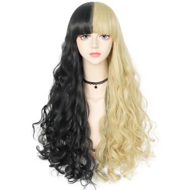 Imagem de Peruca longa, ondulada, dividida, 80 cm, preta e loira, 32 polegadas -
