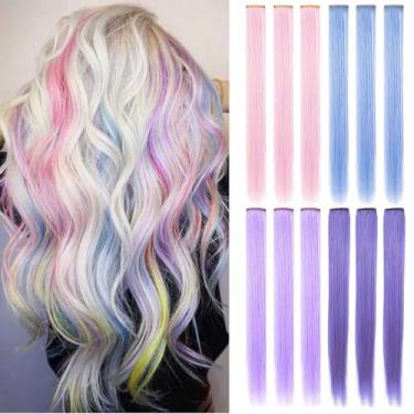 Imagem de FAIRY COLOR 16 peças de extensões coloridas de princesa, multicores, destaques de festa, apliques de cabelo sintético com clipe/clipe (lavanda, azul claro+roxo claro+rosa claro)