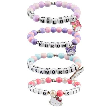 Imagem de Hello Kitty Sanrio Pulseiras Meninas 4 Peças, Cinnamoroll Kuromi Kawaii Conjunto de Pulseiras de Amizade com Berloque Elástico, Presentes de Anime, Set of 4/Diameter: 5cm, 60% acrílico, 20% plástico