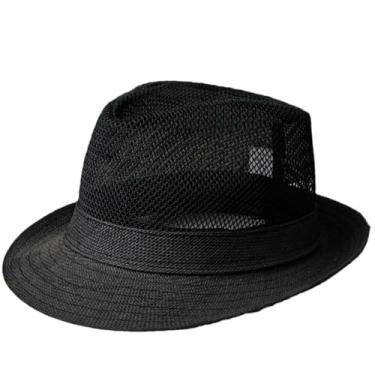 Imagem de Chapéu de sol masculino verão ao ar livre viagem chapéu de sol malha confortável respirável frisado chapéu panamá preto G 58-60 cm
