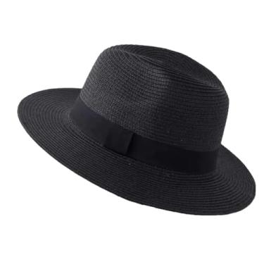 Imagem de Chapéu de palha Panamá de verão masculino e feminino, aba larga, proteção UV, chapéu Fedora, preto, L59-60 cm