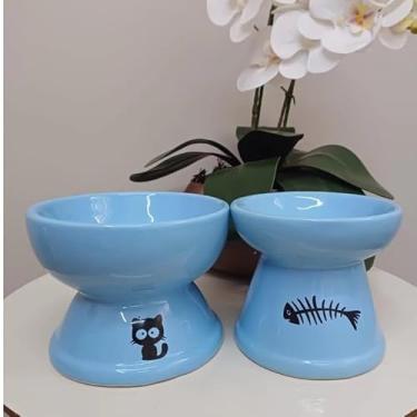 Imagem de Comedouro e Bebedouro Elevado para Gatos e Cães Pequenos em Cerâmica – Design Ergonômico Antiderrapante, Reduz Refluxo e Fadiga dos Bigodes (KIT M/G AZUL COMEDOU/BEBEDOURO)