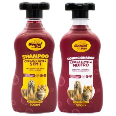 Imagem de Kit Shampoo e Condicionador 5 em 1 Cereja e Avelã Genial Pet Uso Veterinário 500ml Para Cães e Gatos Limpa, Desembaraça, Hidrata, Nutre e Dá Brilho
