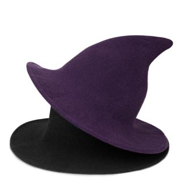 Imagem de Voilipex Chapéu feminino de feltro de lã de bruxa moderno fantasia de Halloween chapéu de feiticeiro de malha pacote com 2 (preto roxo, tamanho único)