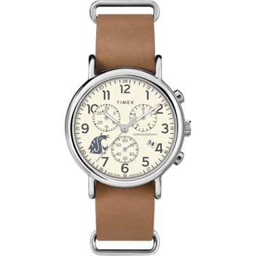 Imagem de Timex Tribute Collegiate Weekender Chrono 40 mm Pulseira de couro de quartzo masculina, Washington State Cougars,