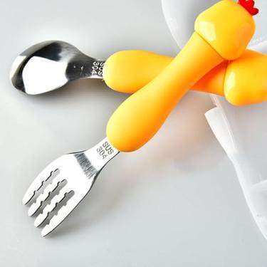 Imagem de EBTOOLS Conjunto de Colher Garfo para bebê, Animais de Desenho Animado, Colher Plana Redonda e Formato de Garfo Irregular, Perfeito para Alimentação Infantil, Cabo de Plástico Confortável (Frango