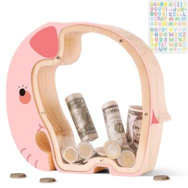 Imagem de Uniwooder Cofrinhos De Elefante Rosa Madeira Para Crianças, Cofrinho Coelho Inquebrável Crianças Com Adesivo Letras, Pote Dinheiro Personalizável Presente Aniversário, Brinquedo Educativo Meninas