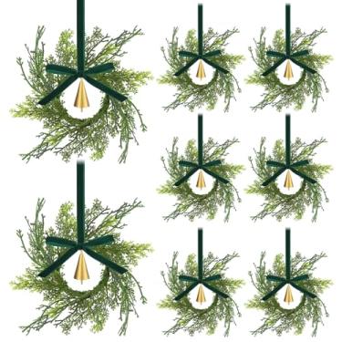 Imagem de Knitgrip 12 conjuntos de mini guirlandas de Natal para armários 19 cm guirlanda artificial de cedro de cipreste com fita vintage de sinos de vaca para Natal, faça você mesmo, cadeira de cozinha