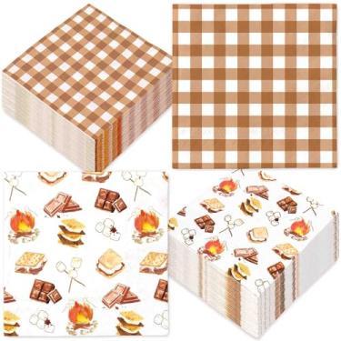 Imagem de FYSUIMU Guardanapos de almoço descartáveis 50 peças S' More Guardanapo de papel decorativo aquarela temática de acampamento xadrez sobremesa jantar guardanapo de mão para festa em casa suprimentos de