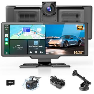 Imagem de Tela portátil sem fio Carplay com Dashcam – Tablet de carro Lehwey de 10,26 polegadas com câmera frontal 4K e câmera de backup retrovisor 1080p, Bluetooth 5.0, FM, assistente de voz, com cartão TF de