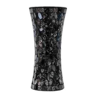 Imagem de Adedeo Vaso de flores de vidro mosaico para decoração de casa, vasos de vidro grandes feitos à mão para sala de estar, cozinha, casamento, escritório (formato de leque preto dourado, 12 x 11,8