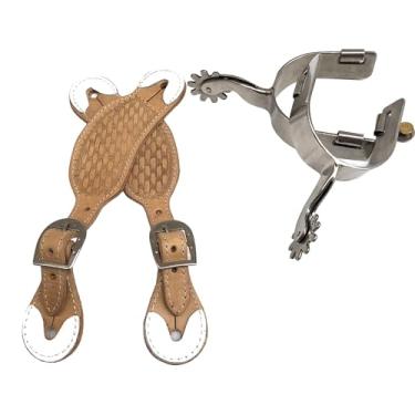 Imagem de Kit Profissional para Quarto de Milha com Correia Esteirada em Couro e Espora Inox, Conjunto de Montaria com Fivelas Prateadas, 4 Cores Disponíveis (Natural)