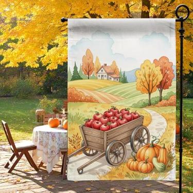 Imagem de Bandeira de jardim de Ação de Graças 30,5 x 45,7 cm - Bandeira pequena de decoração de jardim de dupla face, carroça de maçã impressa em aquarela, abóboras e fazenda de outono para decoração de outono