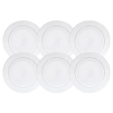 Imagem de Jogo De Pratos Rasos Kit 6Pcs 27Cm Borda Prata Mônaco Branco - Wolff