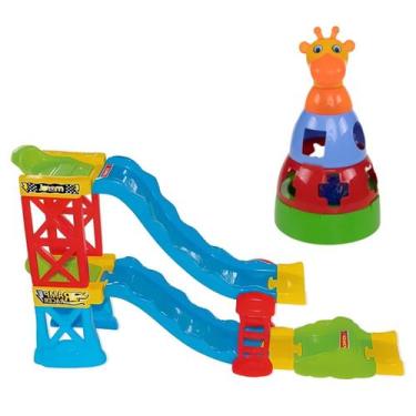 Imagem de Kit Girafa Brinquedo Empilhar e Pista Corrida com 2 Carrinhos Auto - P