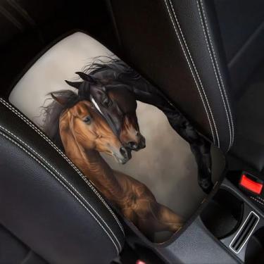 Imagem de Wanyint Almofada de console central automotiva marrom preto para cavalo, apoio de braço de carro protetor de capa de caixa de assento acessório de carro ajuste universal para a maioria dos carros SUV