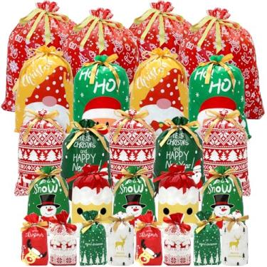 Imagem de CH HAICHENG 36 peças de sacos de presente de Natal com cordão, tamanhos variados - grande, médio, pequeno, saco de presente de feriado a granel, sacos de plástico reutilizáveis de Natal para embrulho
