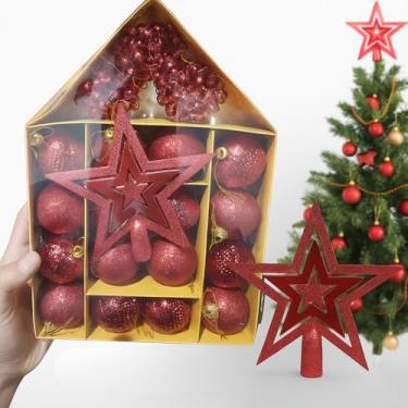 Imagem de Kit Enfeites Natalinos Peças para Árvore e Guirlanda Bolas Estrela Ponteira Sinos Presentes Tambores Cores Vermelho Dourado Prata (20, Bolas 3cm + Estrela Vermelho)