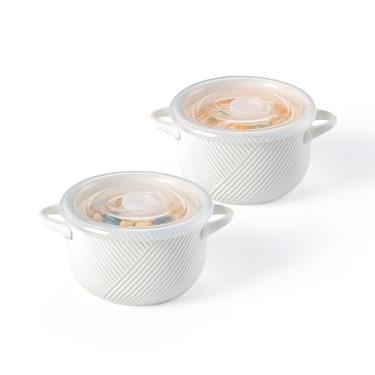 Imagem de Adewnest Tigelas de sopa de cebola francesa: potes de sopa de cerâmica de 680 g com alças e tampas de silicone - Recipientes seguros para micro-ondas para cereais ramen café da manhã preparação de